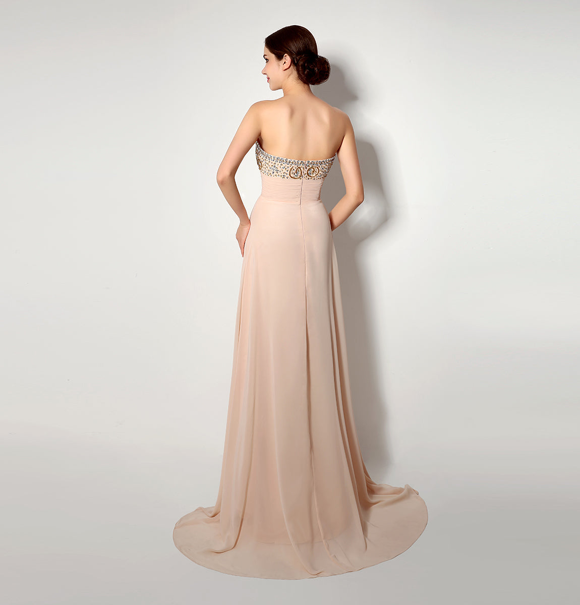 7‑Day Dispatch Strapless Sweetheart Champagne Chiffon Bridesmaid Dress Gold Rhinestone Beaded Long Evening Gown