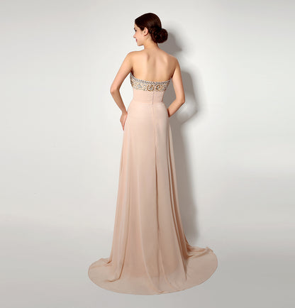 7‑Day Dispatch Strapless Sweetheart Champagne Chiffon Bridesmaid Dress Gold Rhinestone Beaded Long Evening Gown