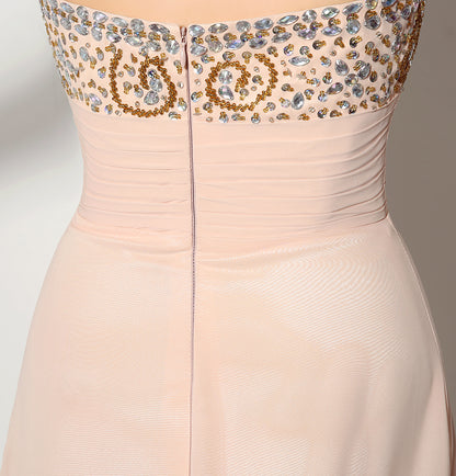 7‑Day Dispatch Strapless Sweetheart Champagne Chiffon Bridesmaid Dress Gold Rhinestone Beaded Long Evening Gown