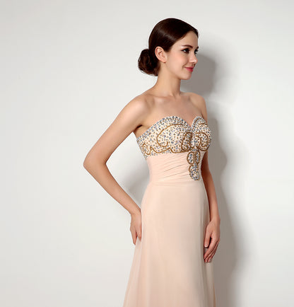 7‑Day Dispatch Strapless Sweetheart Champagne Chiffon Bridesmaid Dress Gold Rhinestone Beaded Long Evening Gown