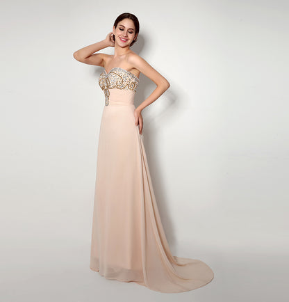 7‑Day Dispatch Strapless Sweetheart Champagne Chiffon Bridesmaid Dress Gold Rhinestone Beaded Long Evening Gown