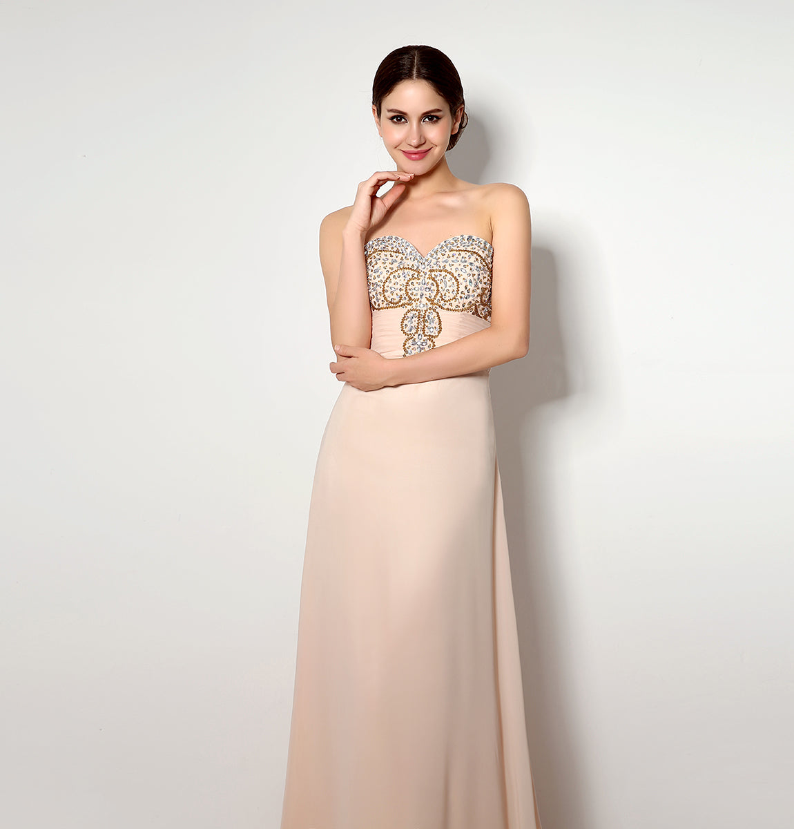 7‑Day Dispatch Strapless Sweetheart Champagne Chiffon Bridesmaid Dress Gold Rhinestone Beaded Long Evening Gown