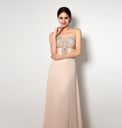 7‑Day Dispatch Strapless Sweetheart Champagne Chiffon Bridesmaid Dress Gold Rhinestone Beaded Long Evening Gown