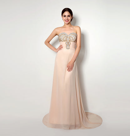 7‑Day Dispatch Strapless Sweetheart Champagne Chiffon Bridesmaid Dress Gold Rhinestone Beaded Long Evening Gown