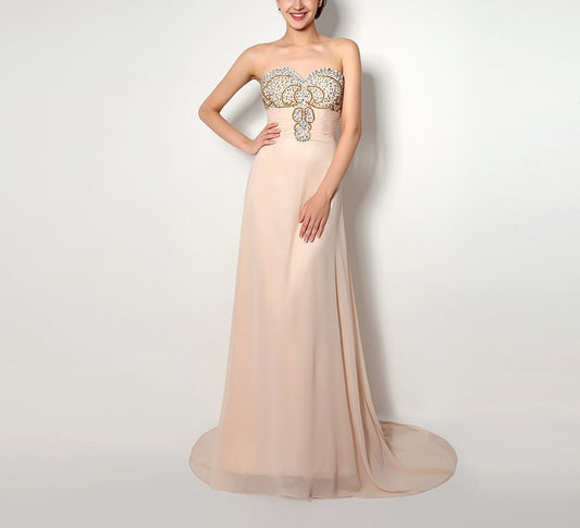 7‑Day Dispatch Strapless Sweetheart Champagne Chiffon Bridesmaid Dress Gold Rhinestone Beaded Long Evening Gown