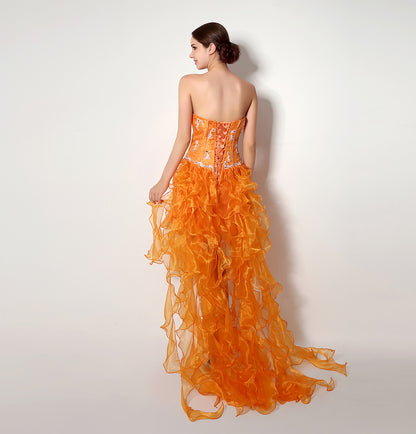 7‑Day Dispatch Strapless Sweetheart Orange Ruffled Organza Homecoming Dress With Flowing Train