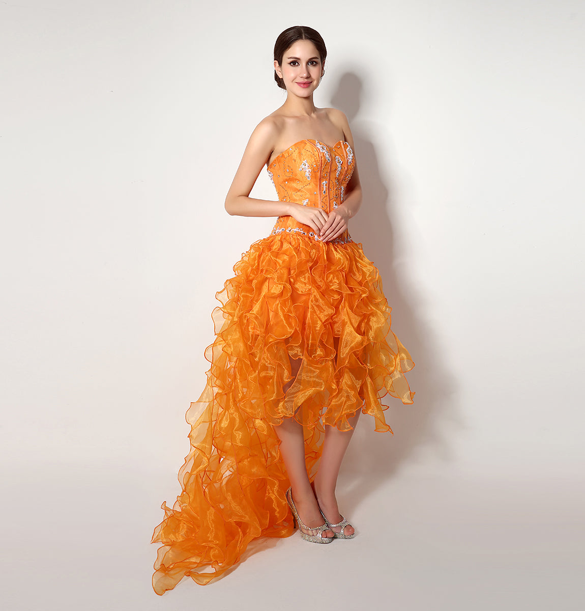 7‑Day Dispatch Strapless Sweetheart Orange Ruffled Organza Homecoming Dress With Flowing Train