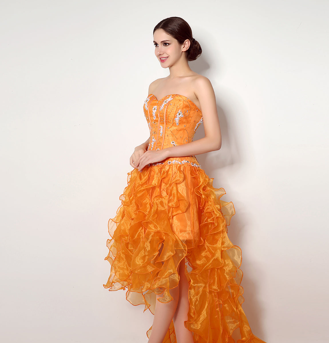 7‑Day Dispatch Strapless Sweetheart Orange Ruffled Organza Homecoming Dress With Flowing Train