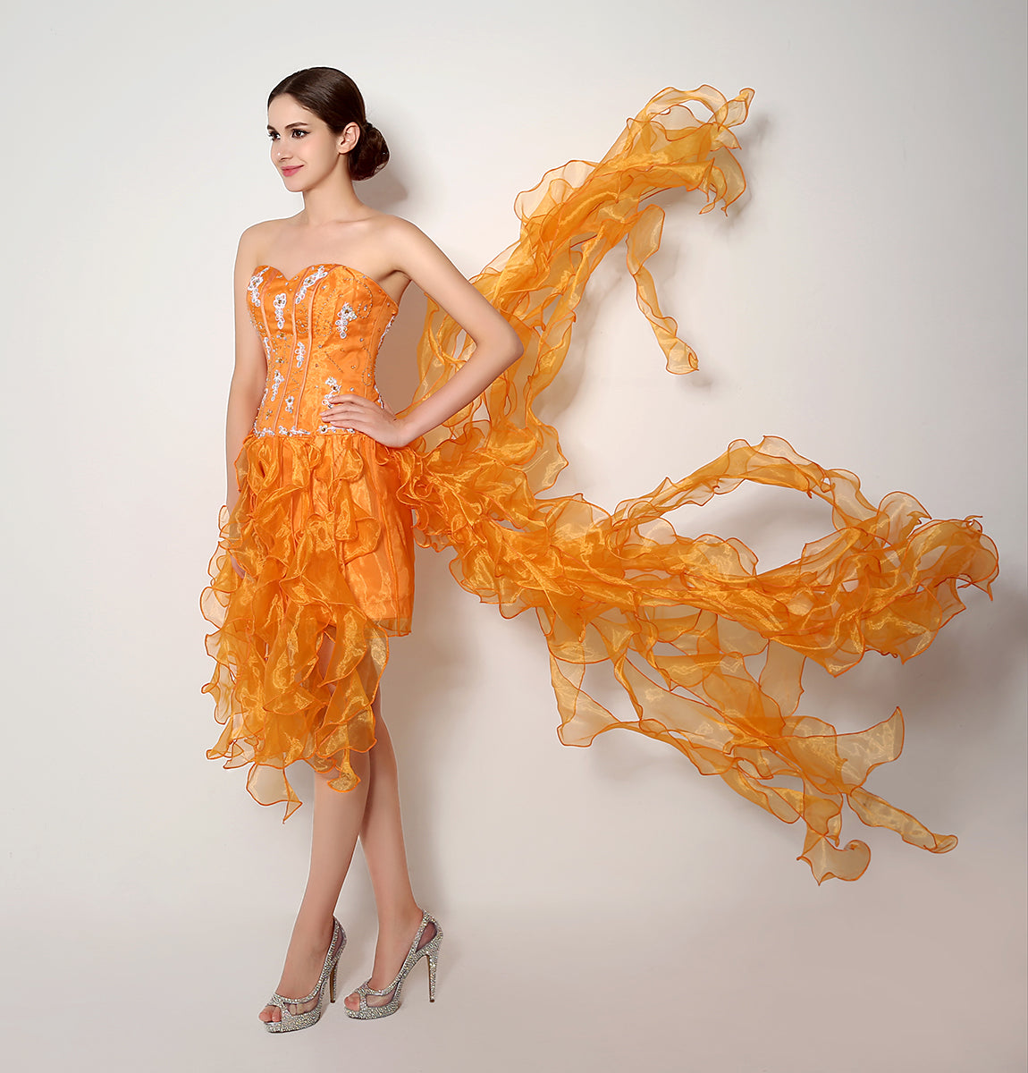 7‑Day Dispatch Strapless Sweetheart Orange Ruffled Organza Homecoming Dress With Flowing Train