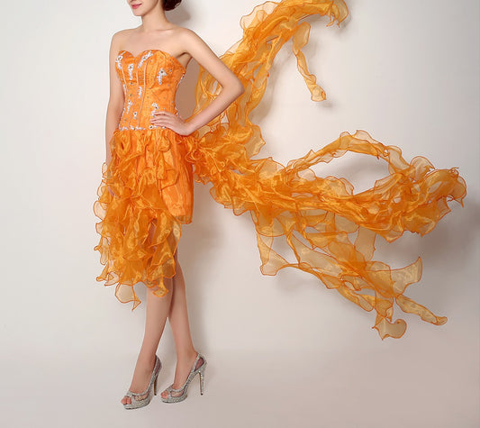 7‑Day Dispatch Strapless Sweetheart Orange Ruffled Organza Homecoming Dress With Flowing Train