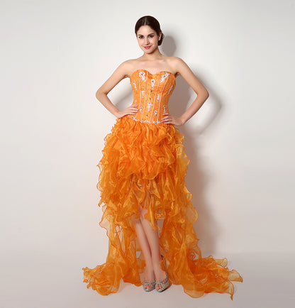 7‑Day Dispatch Strapless Sweetheart Orange Ruffled Organza Homecoming Dress With Flowing Train