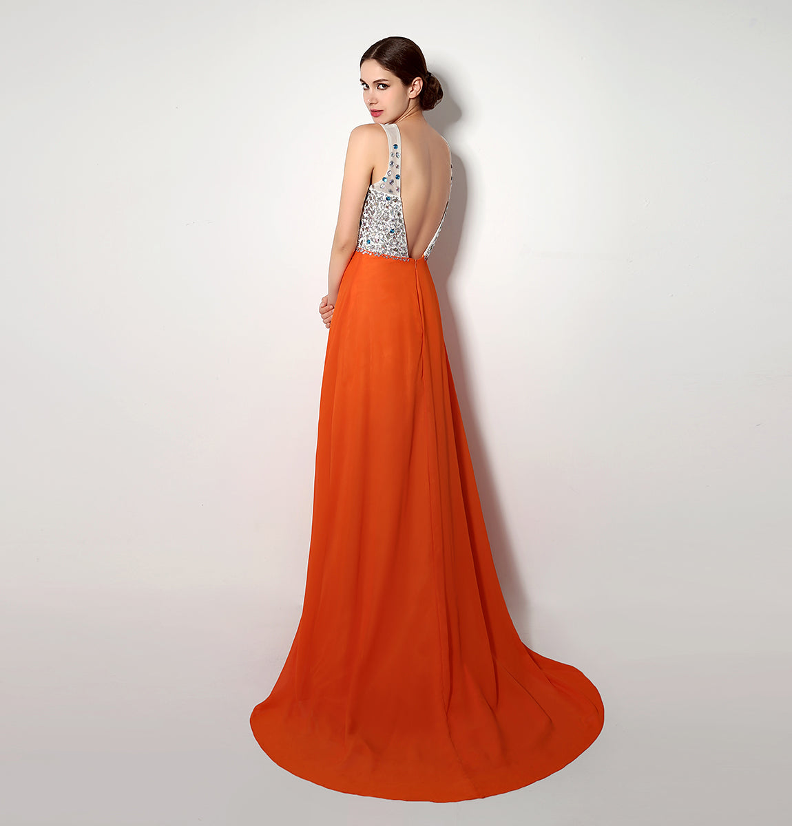 7‑Day Dispatch V‑Neck Beaded Orange Chiffon Prom Dress High Slit Floor‑Length Evening Gown