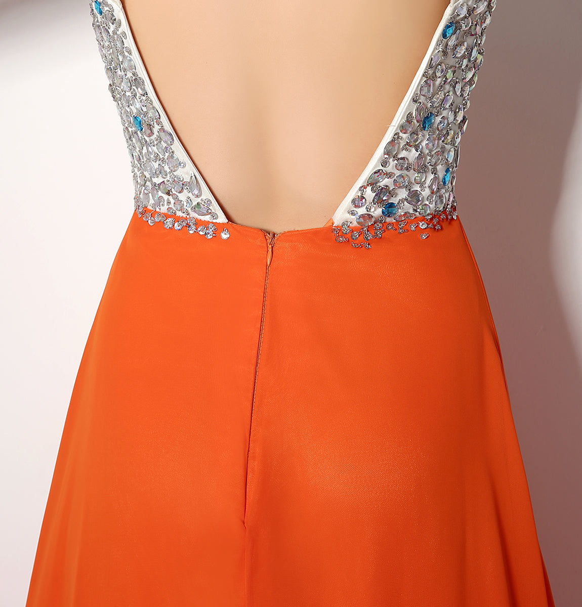 7‑Day Dispatch V‑Neck Beaded Orange Chiffon Prom Dress High Slit Floor‑Length Evening Gown
