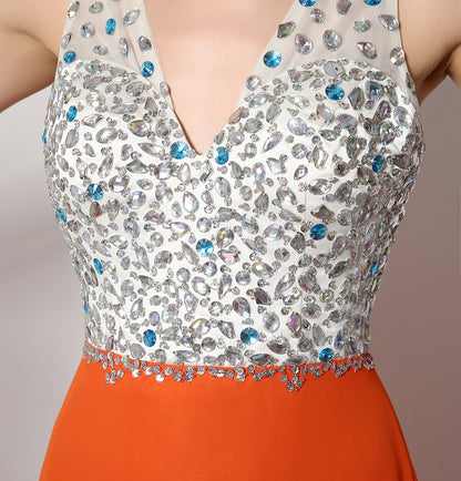 7‑Day Dispatch V‑Neck Beaded Orange Chiffon Prom Dress High Slit Floor‑Length Evening Gown