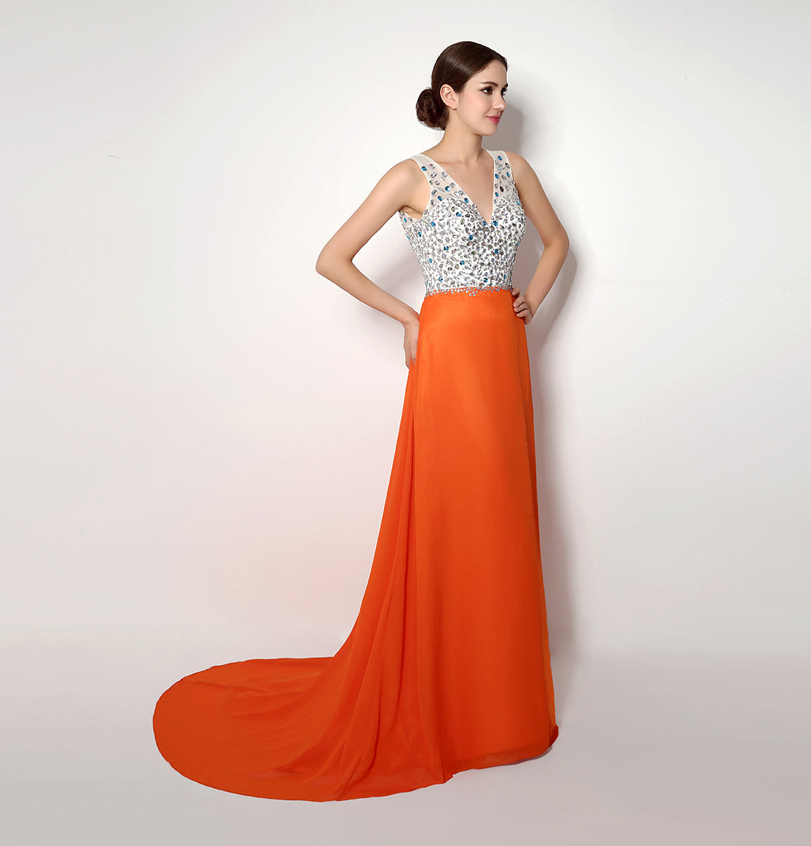 7‑Day Dispatch V‑Neck Beaded Orange Chiffon Prom Dress High Slit Floor‑Length Evening Gown