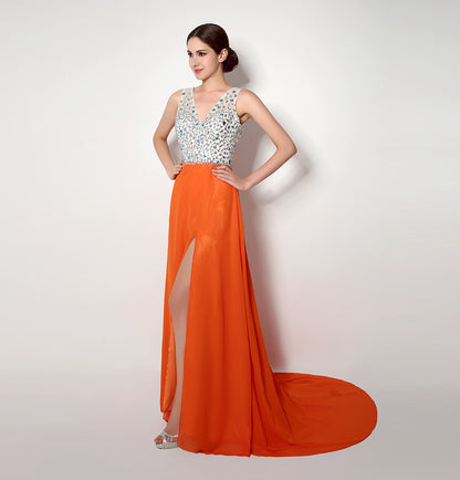 7‑Day Dispatch V‑Neck Beaded Orange Chiffon Prom Dress High Slit Floor‑Length Evening Gown