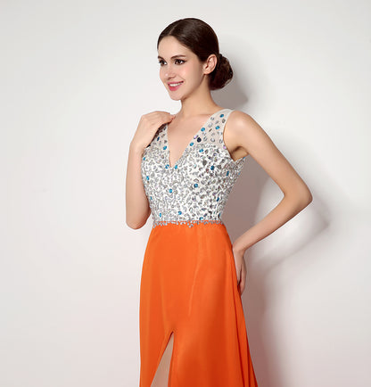 7‑Day Dispatch V‑Neck Beaded Orange Chiffon Prom Dress High Slit Floor‑Length Evening Gown
