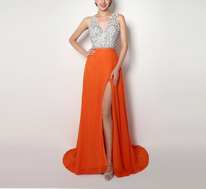 7‑Day Dispatch V‑Neck Beaded Orange Chiffon Prom Dress High Slit Floor‑Length Evening Gown
