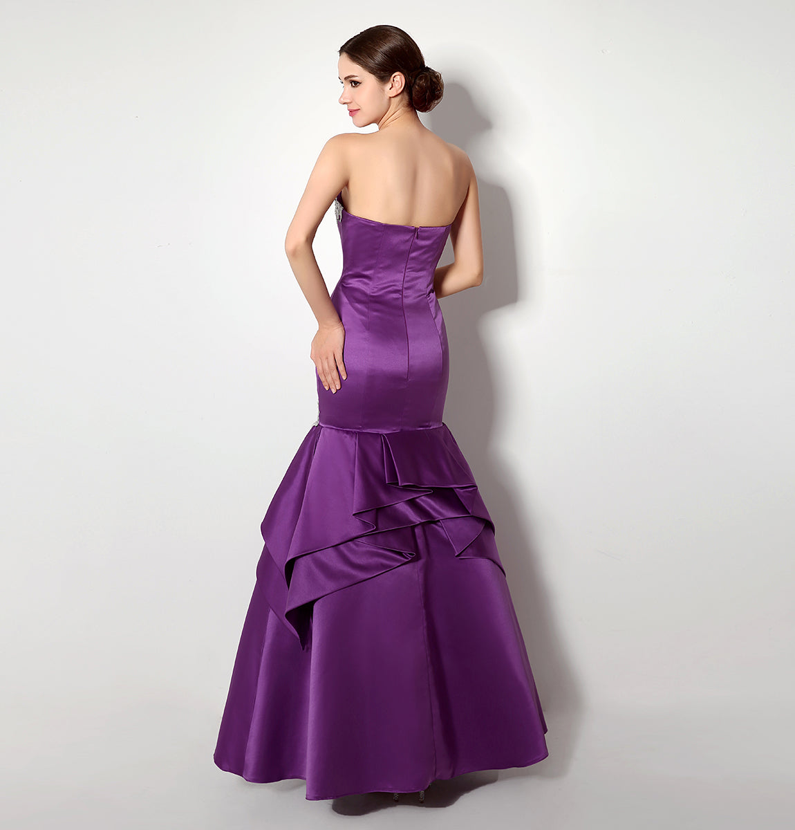 7‑Day Dispatch Strapless Sweetheart Purple Satin Mermaid Evening Dress Silver Lace Applique Gown