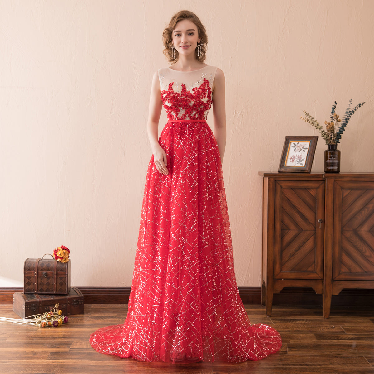 7-Day Dispatch Sleeveless Illusion Neckline Red Floral Applique Tulle Evening Gown Starry Beaded Sweep Train Formal Dress