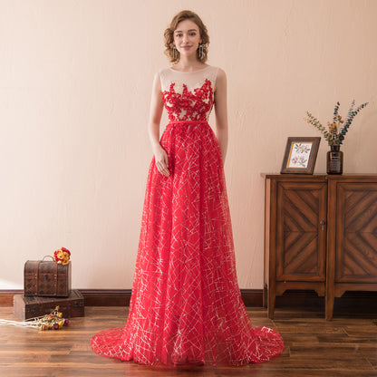 7-Day Dispatch Sleeveless Illusion Neckline Red Floral Applique Tulle Evening Gown Starry Beaded Sweep Train Formal Dress