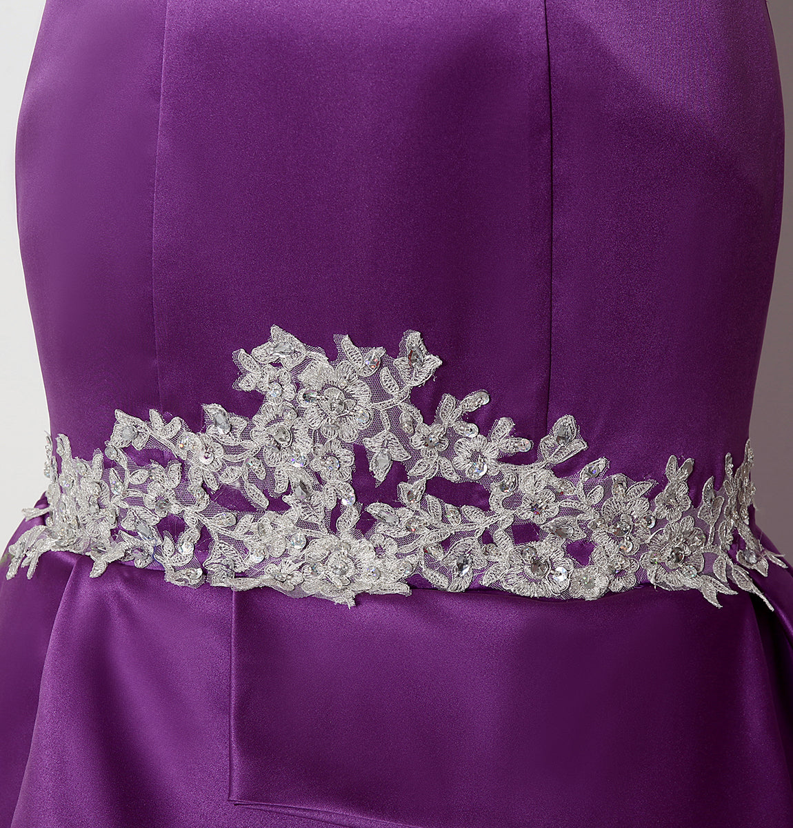 7‑Day Dispatch Strapless Sweetheart Purple Satin Mermaid Evening Dress Silver Lace Applique Gown