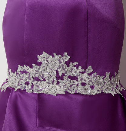 7‑Day Dispatch Strapless Sweetheart Purple Satin Mermaid Evening Dress Silver Lace Applique Gown