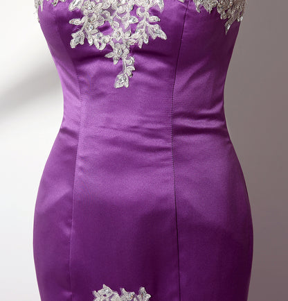 7‑Day Dispatch Strapless Sweetheart Purple Satin Mermaid Evening Dress Silver Lace Applique Gown