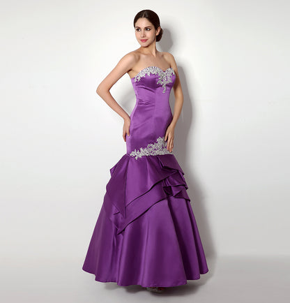 7‑Day Dispatch Strapless Sweetheart Purple Satin Mermaid Evening Dress Silver Lace Applique Gown