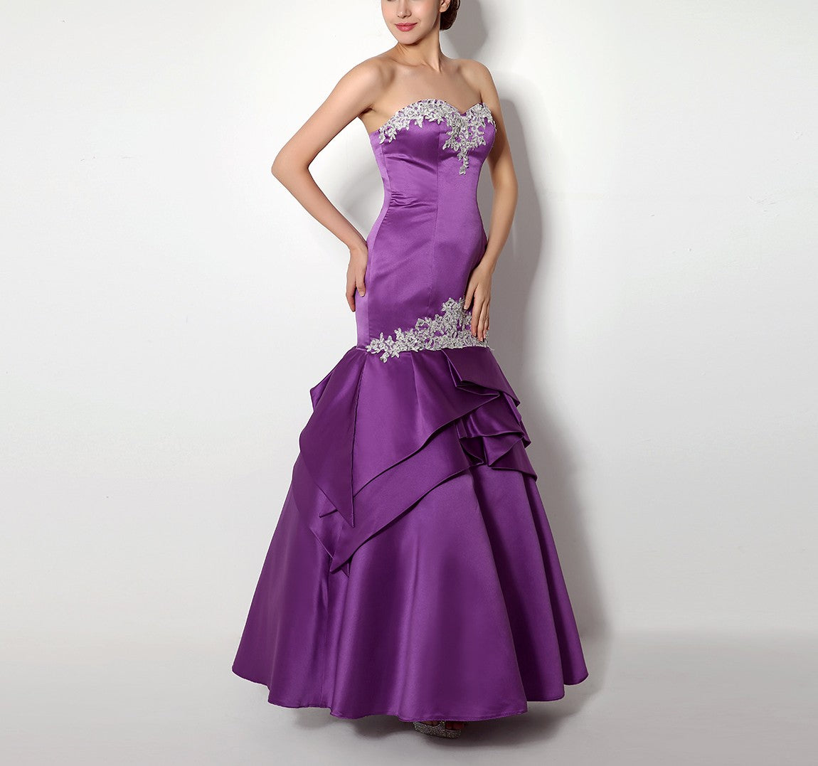 7‑Day Dispatch Strapless Sweetheart Purple Satin Mermaid Evening Dress Silver Lace Applique Gown