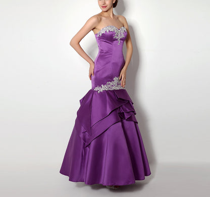 7‑Day Dispatch Strapless Sweetheart Purple Satin Mermaid Evening Dress Silver Lace Applique Gown