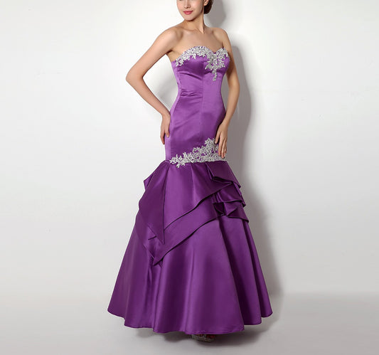 7‑Day Dispatch Strapless Sweetheart Purple Satin Mermaid Evening Dress Silver Lace Applique Gown