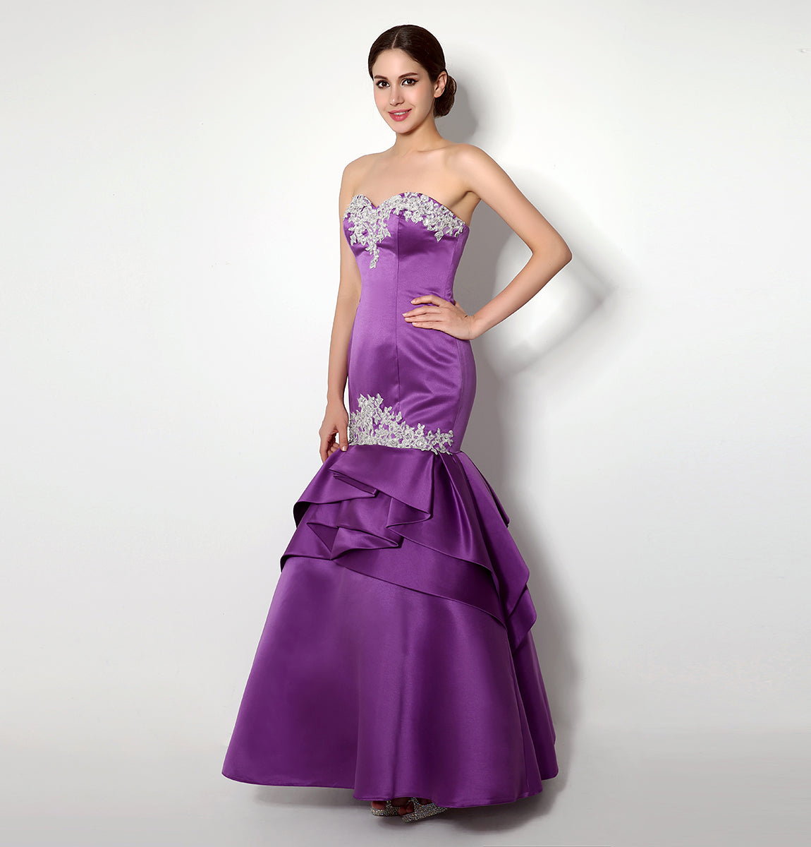 7‑Day Dispatch Strapless Sweetheart Purple Satin Mermaid Evening Dress Silver Lace Applique Gown