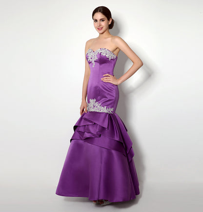 7‑Day Dispatch Strapless Sweetheart Purple Satin Mermaid Evening Dress Silver Lace Applique Gown