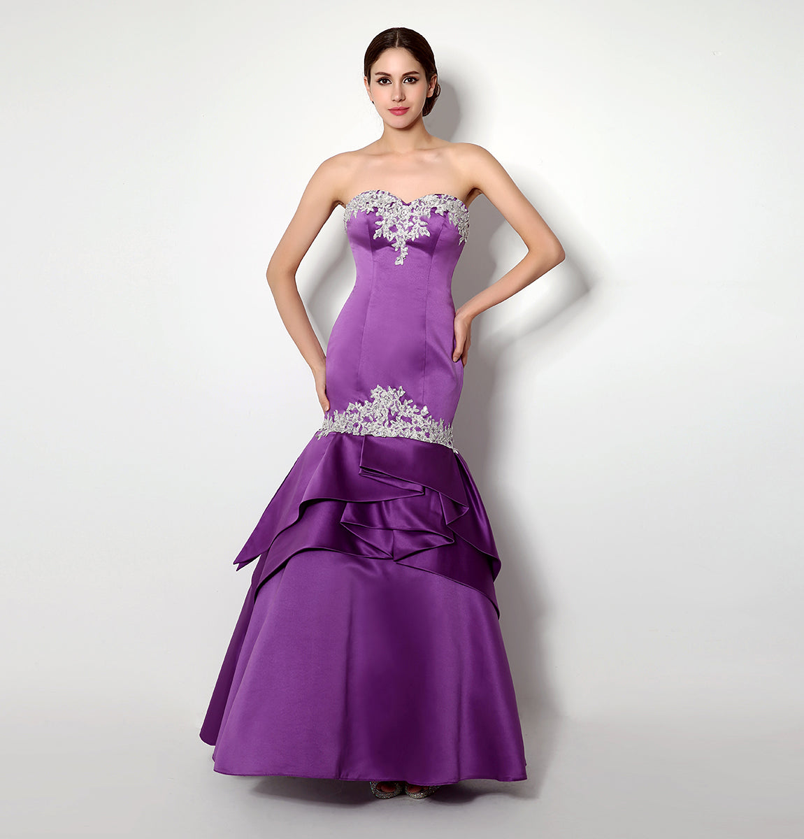 7‑Day Dispatch Strapless Sweetheart Purple Satin Mermaid Evening Dress Silver Lace Applique Gown
