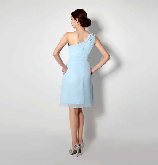 72‑Hour Dispatch Light Blue One‑Shoulder Short Chiffon Bridesmaid Dress Pleated Knee‑Length Cocktail Gown