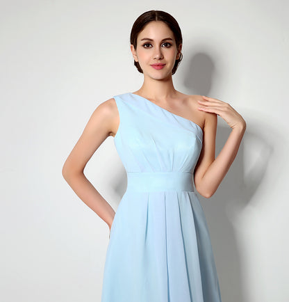 72‑Hour Dispatch Light Blue One‑Shoulder Short Chiffon Bridesmaid Dress Pleated Knee‑Length Cocktail Gown