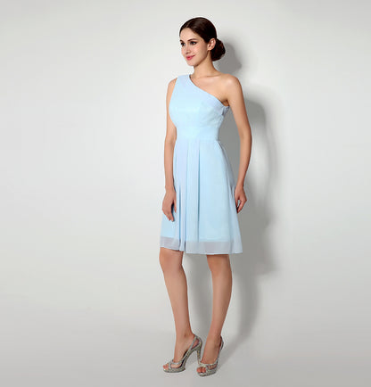 72‑Hour Dispatch Light Blue One‑Shoulder Short Chiffon Bridesmaid Dress Pleated Knee‑Length Cocktail Gown