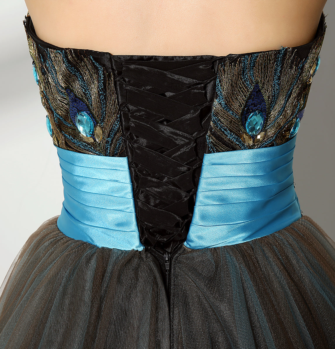 7‑Day Dispatch Strapless Sweetheart Peacock Embroidery Short Tulle Homecoming Dress With Beaded Waistband