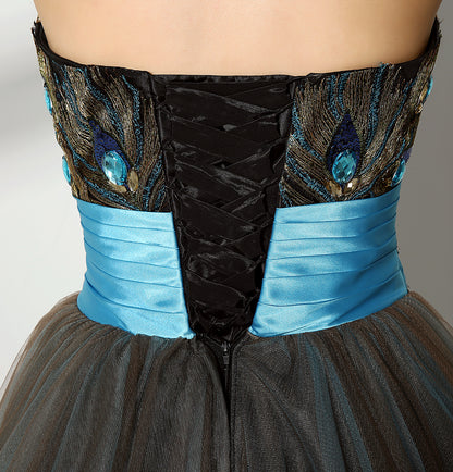 7‑Day Dispatch Strapless Sweetheart Peacock Embroidery Short Tulle Homecoming Dress With Beaded Waistband