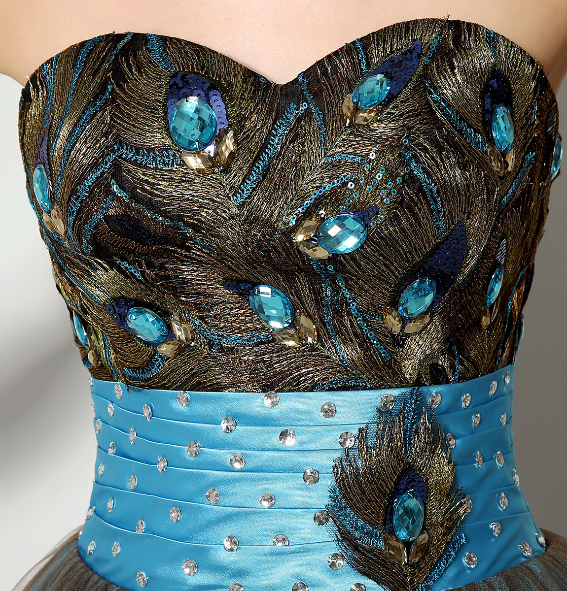 7‑Day Dispatch Strapless Sweetheart Peacock Embroidery Short Tulle Homecoming Dress With Beaded Waistband