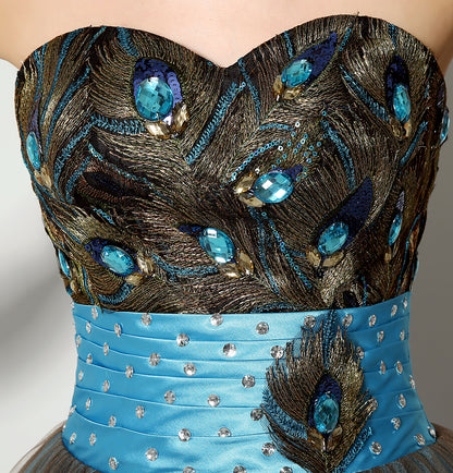 7‑Day Dispatch Strapless Sweetheart Peacock Embroidery Short Tulle Homecoming Dress With Beaded Waistband