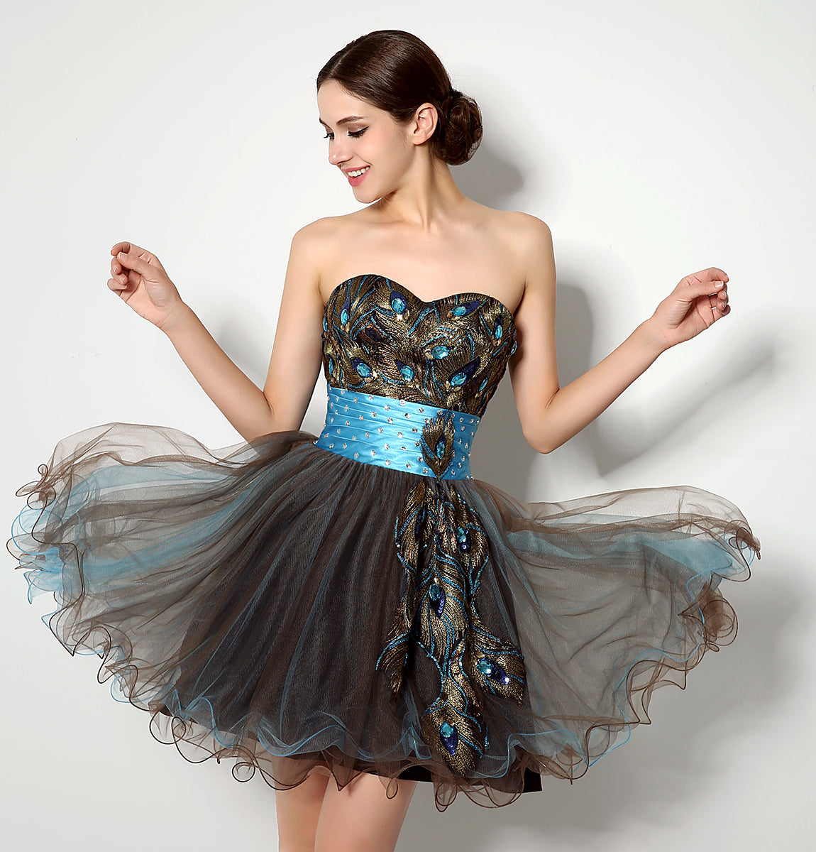 7‑Day Dispatch Strapless Sweetheart Peacock Embroidery Short Tulle Homecoming Dress With Beaded Waistband