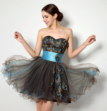 7‑Day Dispatch Strapless Sweetheart Peacock Embroidery Short Tulle Homecoming Dress With Beaded Waistband