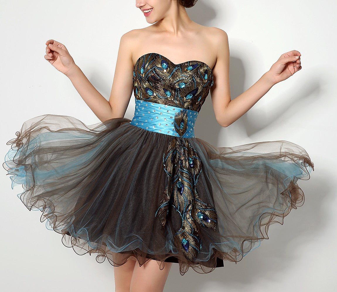 7‑Day Dispatch Strapless Sweetheart Peacock Embroidery Short Tulle Homecoming Dress With Beaded Waistband