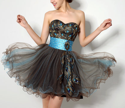 7‑Day Dispatch Strapless Sweetheart Peacock Embroidery Short Tulle Homecoming Dress With Beaded Waistband
