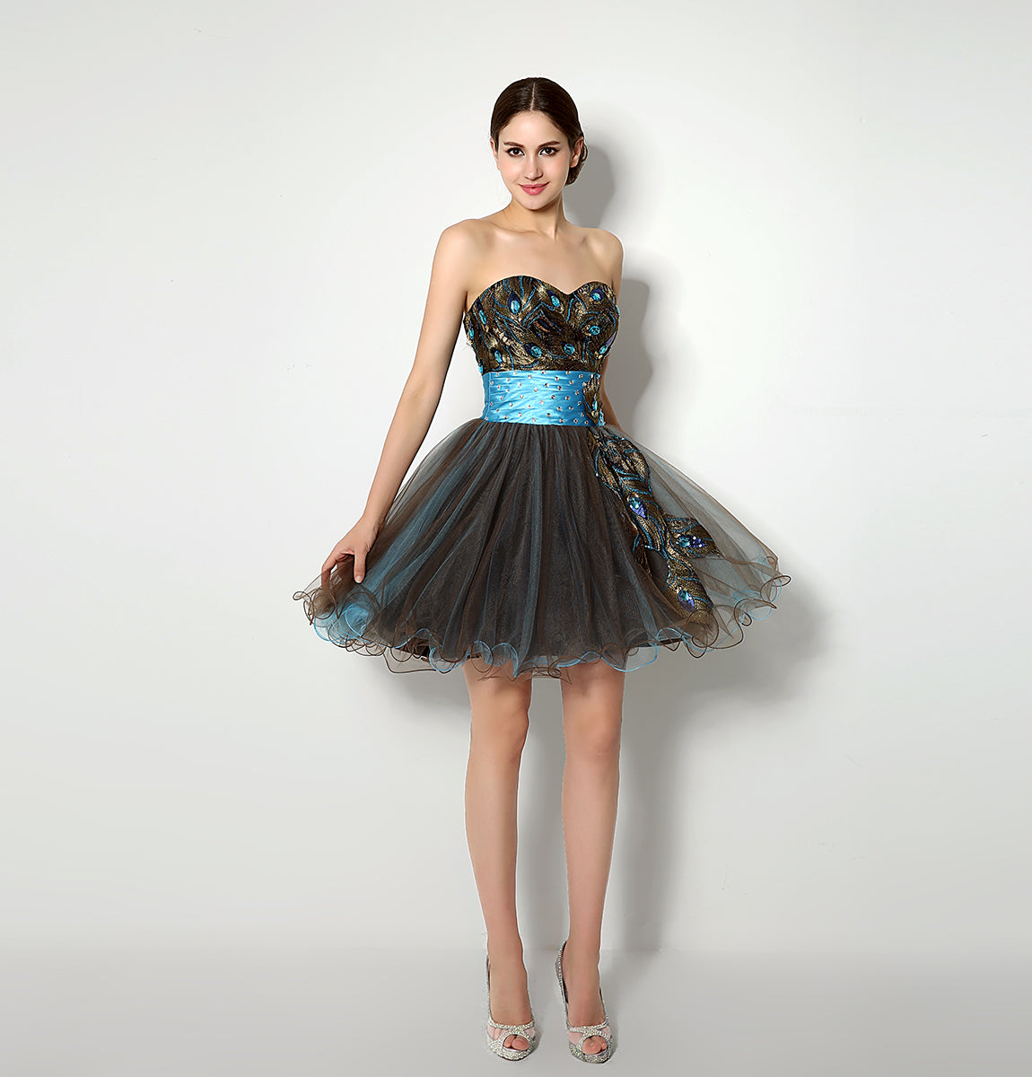 7‑Day Dispatch Strapless Sweetheart Peacock Embroidery Short Tulle Homecoming Dress With Beaded Waistband