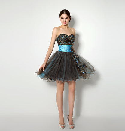 7‑Day Dispatch Strapless Sweetheart Peacock Embroidery Short Tulle Homecoming Dress With Beaded Waistband