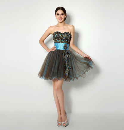 7‑Day Dispatch Strapless Sweetheart Peacock Embroidery Short Tulle Homecoming Dress With Beaded Waistband