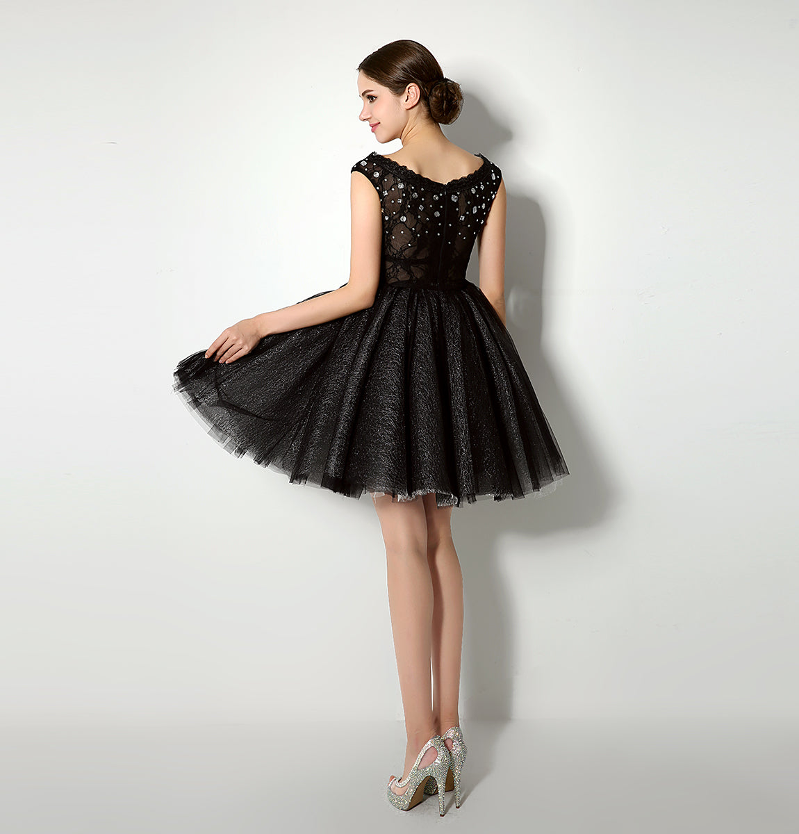 7‑Day Dispatch Black Off‑the‑Shoulder Beaded Glitter Tulle Homecoming Dress Sheer Lace Waist Short Puffy Gown
